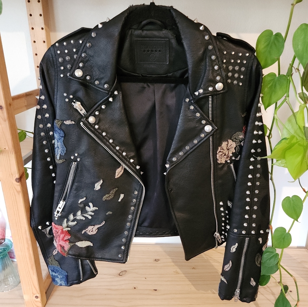 BLANKNYC Vegan Leather embroidered moto jacket